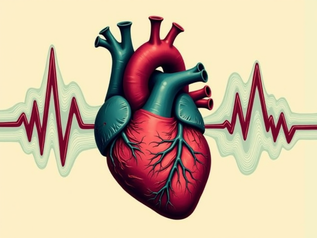 Anatomical heart with ECG rhythm and flowing waves