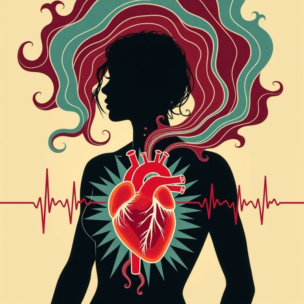 Silhouette with glowing heart and swirling emotional waves